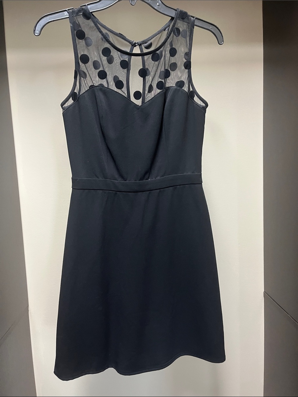LC Lauren Conrad Black Polka Dot Mesh Yoke A-Line Dress